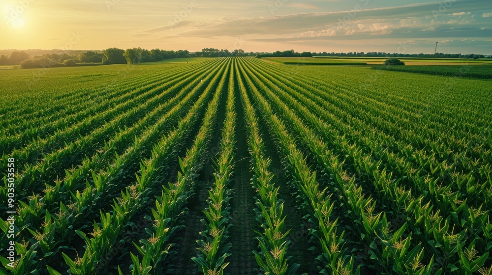 Aerial view of a lush green cornfield, showcasing the vastness and symmetry of agricultural landscapes, ideal for farming and nature-related themes. Aerial view of a lush green cornfield, showcasing the vastness and symmetry of agricultural landscapes, ideal for farming and nature-related themes.
