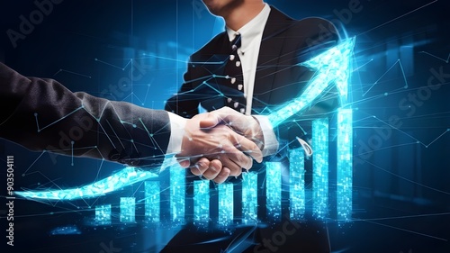 Free Photo Chart graph with up arrow hologram and businessmen handshake on technology backgroun Generative Ai
