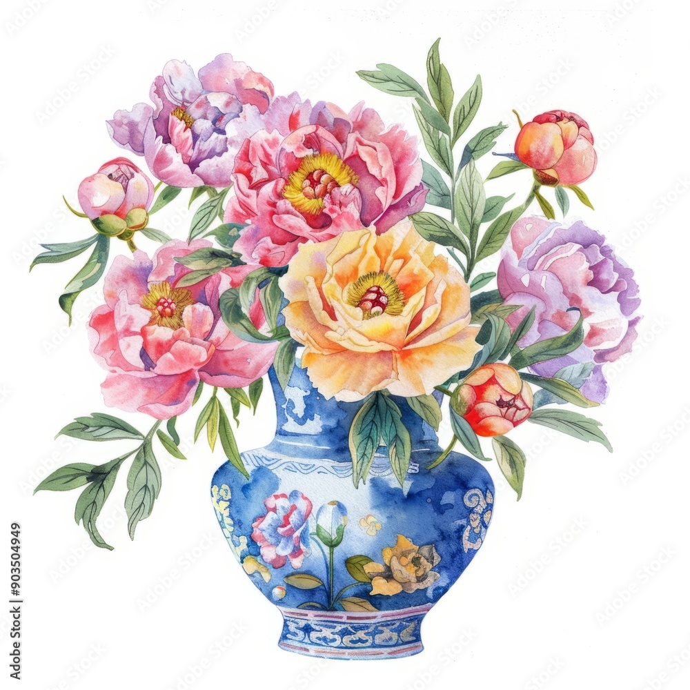 Watercolor painting of elegant peonies in a Ming vase, on isolated white background, Generative AI Watercolor painting of elegant peonies in a Ming vase, on isolated white background, Generative AI