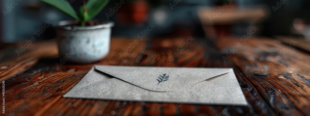 A white envelope atop a wooden table, near a potted plant also resting there A white envelope atop a wooden table, near a potted plant also resting there
