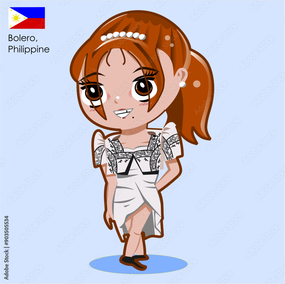 CIMAHI, INDONESIA-JULY 31, 2024-Bolero Philippine cute chibi girl wear traditional costume dress. Vector graphic design character illustration for collection, poster,background,wallpaper,sticker. CIMAHI, INDONESIA-JULY 31, 2024-Bolero Philippine cute chibi girl wear traditional costume dress. Vector graphic design character illustration for collection, poster,background,wallpaper,sticker.