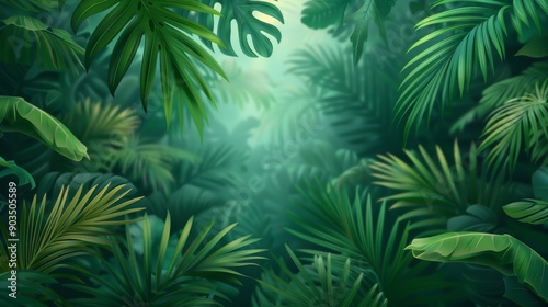 Lush, dense tropical jungle scene filled with various green leaves and plants, creating a serene natural environment.