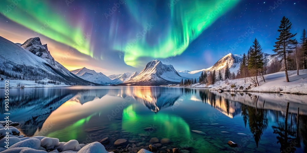 Beautiful winter landscape by a lake in the mountains with northern lights shining above , winter, landscape, lake, mountains Beautiful winter landscape by a lake in the mountains with northern lights shining above , winter, landscape, lake, mountains