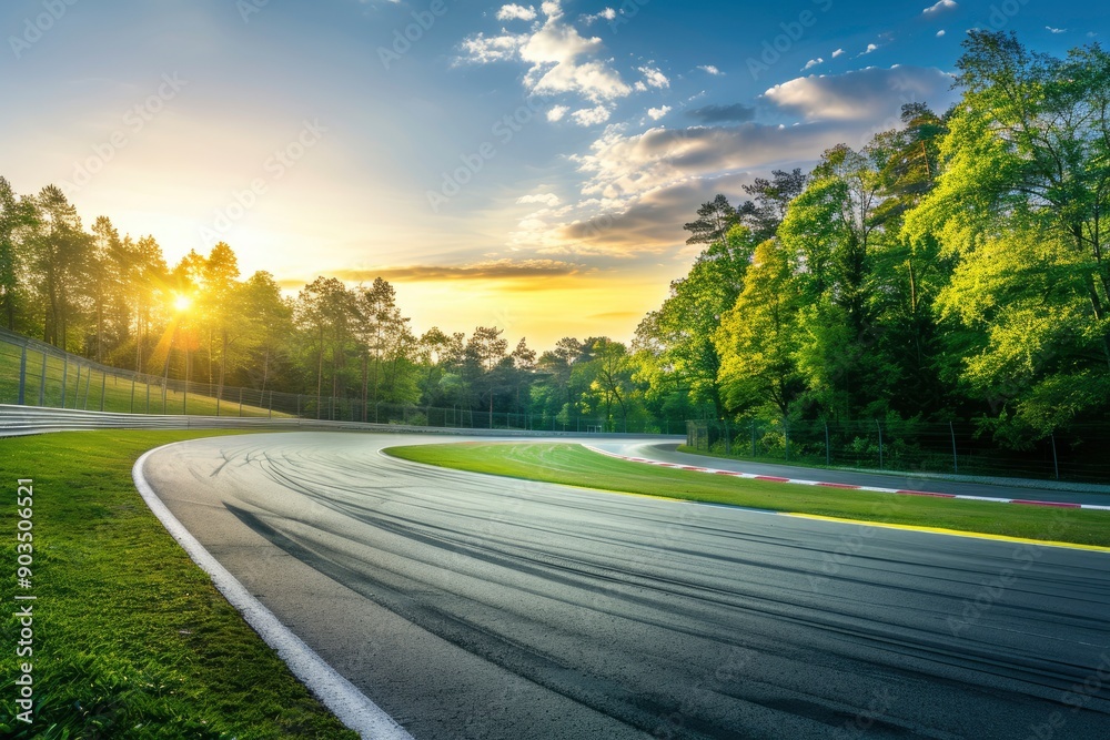 Empty race track and green woods nature landscape at sunset with generative ai