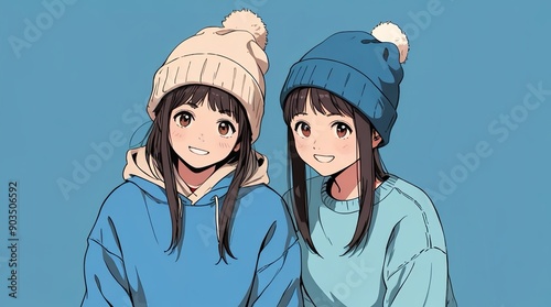 two anime character illustration cheerul kawaii girl with wear beanie hat on blue background