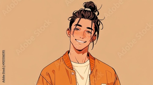 character illustration smiling male with man bun hairstyle on orange backdrop
