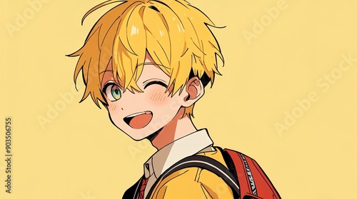 anime character illustration cheerul young boy with yellow hairstyle