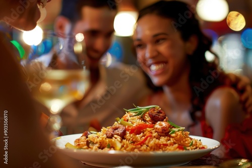 Happy young couple enjoying delicious spicy jambalaya in lively restaurant ambiance