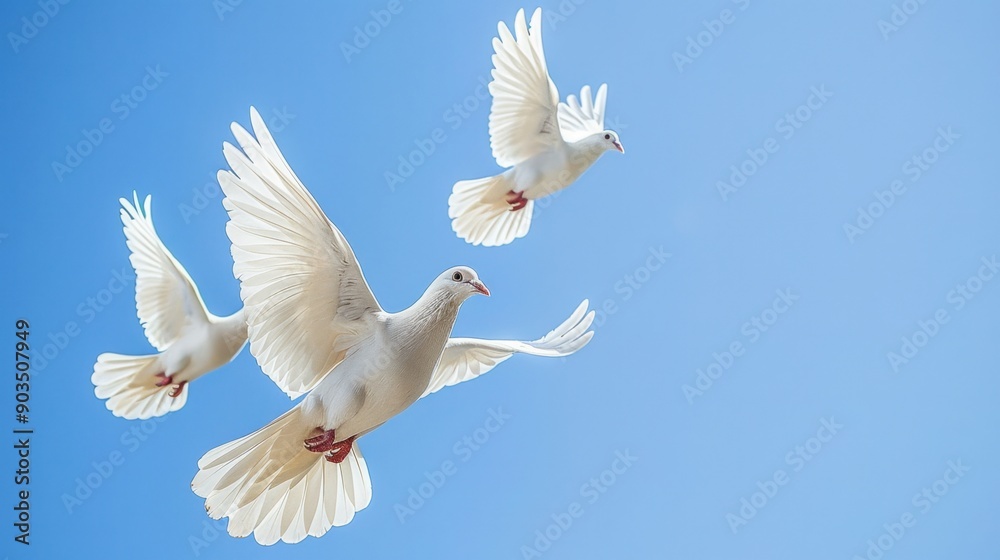 Fototapeta premium White doves soaring in the sky as symbols of peace and spirituality. The serene and uplifting image is perfect for themes of harmony, freedom, and religious symbolism.