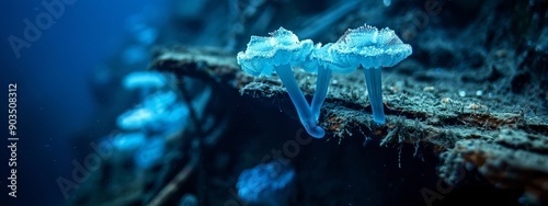  A tight shot of a sea anemone adhered to a ship's hull, encrusted with algae at its base photo