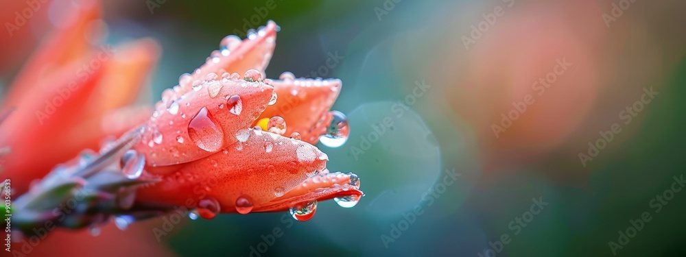  A red flower in focus, petals speckled with water droplets, background softly blurred