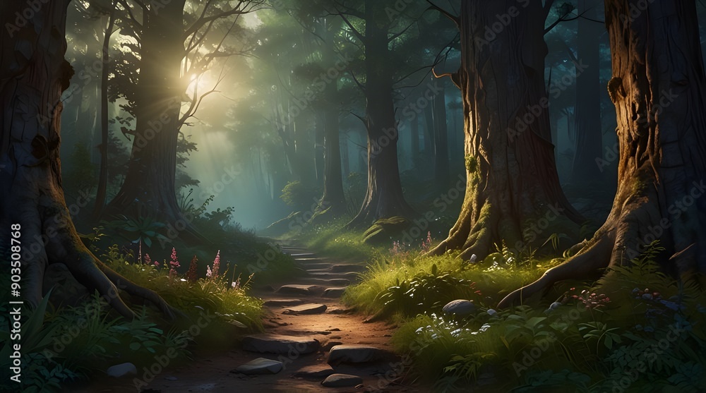 Fototapeta premium enchantments pathway ethereal fantasy forest beckons mysterious painting. glowing and little bit sunny day. generative.ai