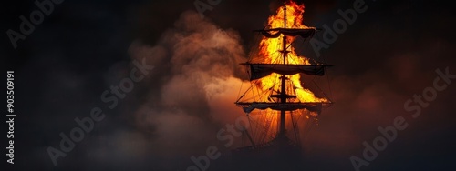  A tall ship ablaze, smoke engulfs its sides and topsails