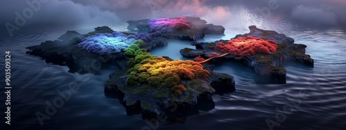  A collection of stones buoyantly perched atop a water body, accompanied by a rainbow-hued substance afloat above photo