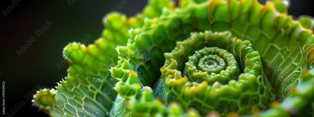 A tight shot of a green plant's spiral-design leafy stem against a black backdrop A tight shot of a green plant's spiral-design leafy stem against a black backdrop