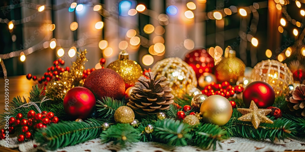 Fototapeta premium Cheerful and festive merry christmas scene with decorations and lights, celebration, holiday, joy, family, winter, December