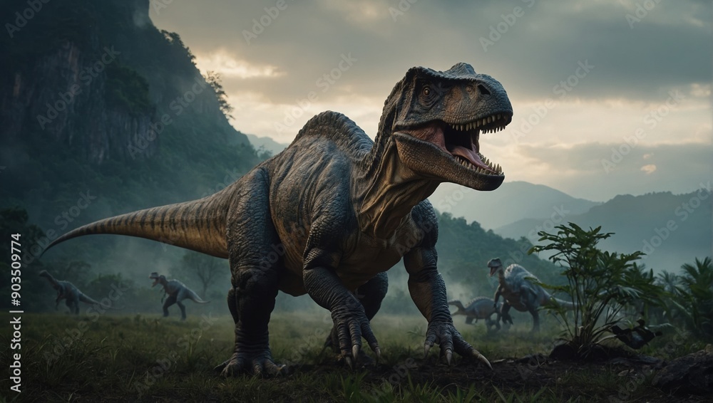 A dinosaur interacting with other prehistoric creatures A dinosaur interacting with other prehistoric creatures