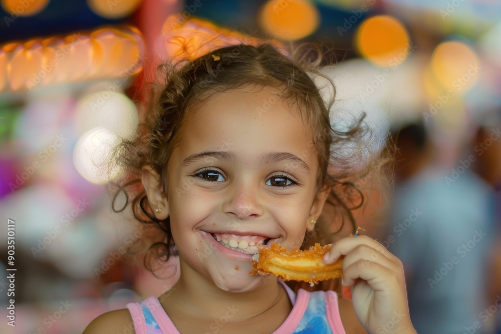 Joyful Girl Savoring a Crispy Churro at a Festive Fair Joyful Girl Savoring a Crispy Churro at a Festive Fair