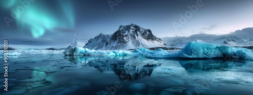  A collection of icebergs afloat on a water body, under a green and blue-lit sky photo