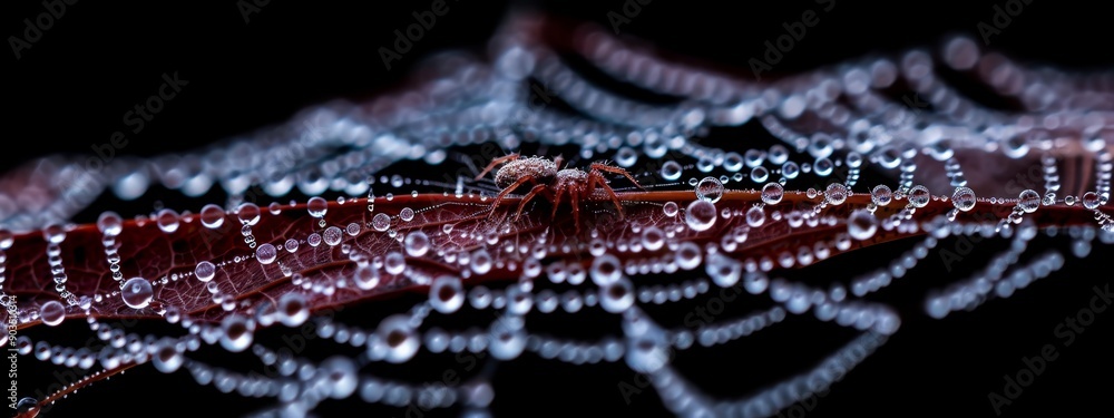 A macro shot of a spider on a wet leaf against a black backdrop, with dewdrops on its back A macro shot of a spider on a wet leaf against a black backdrop, with dewdrops on its back
