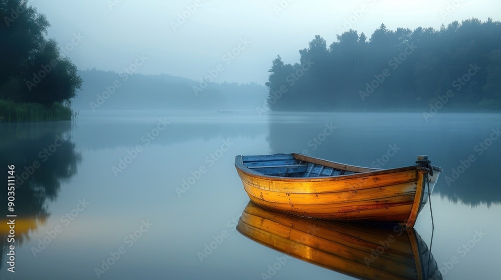 Gentle wooden boat illuminated by the soft light of dawn, drifting across a tranquil lake. Gentle wooden boat illuminated by the soft light of dawn, drifting across a tranquil lake.