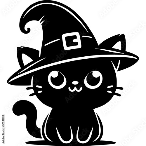 Halloween magic cat wearing dented witch hat in monochrome. Simple minimalistic vector in black ink drawing on transparent background