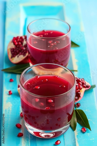 Wallpaper Mural fresh pomegranate juice and ripe pomegranate seeds on a blue wooden background Torontodigital.ca