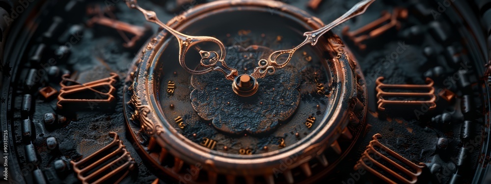 A close-up of two clock faces, each displaying Roman numerals A close-up of two clock faces, each displaying Roman numerals