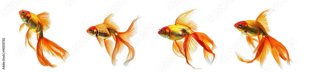 Four Goldfish Swimming in a White Transparent Background Four Goldfish Swimming in a White Transparent Background
