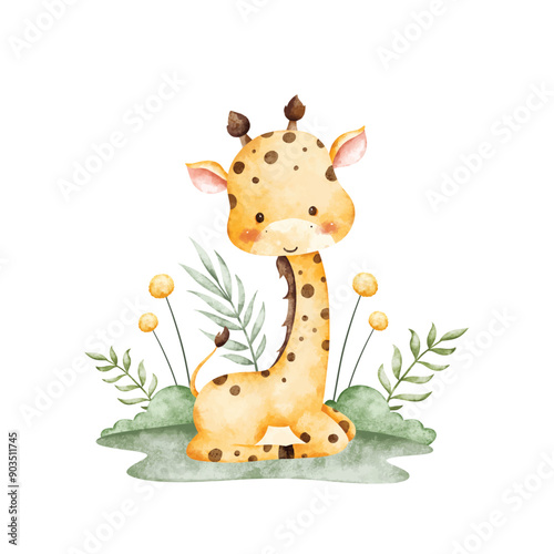Watercolor Illustration Giraffe and Tropical Leaves