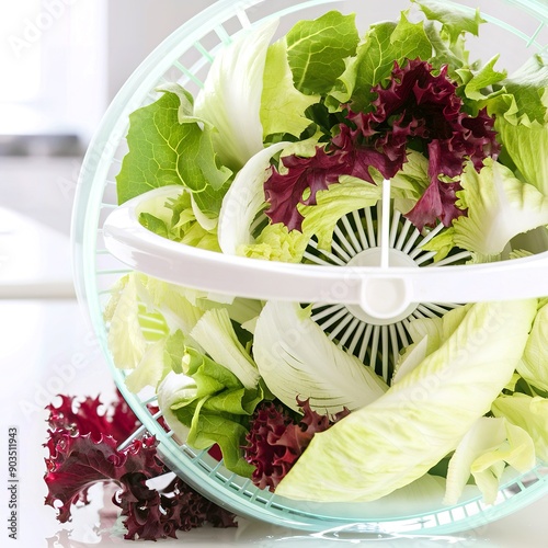 Salad spinner with iceberg and red lettuce photo