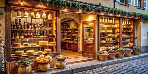 Fototapeta Naklejka Na Ścianę i Meble -  Pretty shop selling Wine and Cheese in the centre of town, SAINT-EMILION, France, shop, wine, cheese, French, delicacies