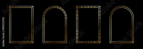 Thin golden frame set. Gold rectangle and arch border collection in art deco style. Thin linear shining shape bundle. Metal glowing shiny boarder element pack for photo, cadre, poster, card. Vector