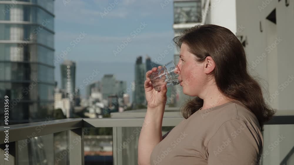 Caucasian woman drinks clean water from glass on balcony and enjoys city view. Portrait of person in modern area at sunset and quenching thirst on warm summer evening outdoors. Useful human habits. Caucasian woman drinks clean water from glass on balcony and enjoys city view. Portrait of person in modern area at sunset and quenching thirst on warm summer evening outdoors. Useful human habits.