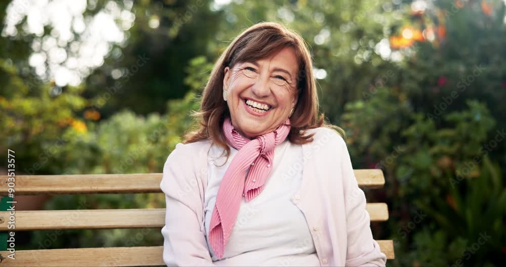 Portrait, senior woman and retirement on bench for wellness, good health or successful admission to nursing home. Elderly female person, smile or gratitude in park for peace, happy memory or pension Portrait, senior woman and retirement on bench for wellness, good health or successful admission to nursing home. Elderly female person, smile or gratitude in park for peace, happy memory or pension