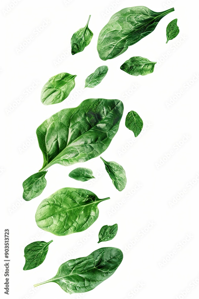 Falling spinach leaf isolated on white background Falling spinach leaf isolated on white background