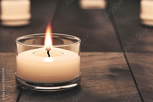 A candle in a glass plate on the table and negative space