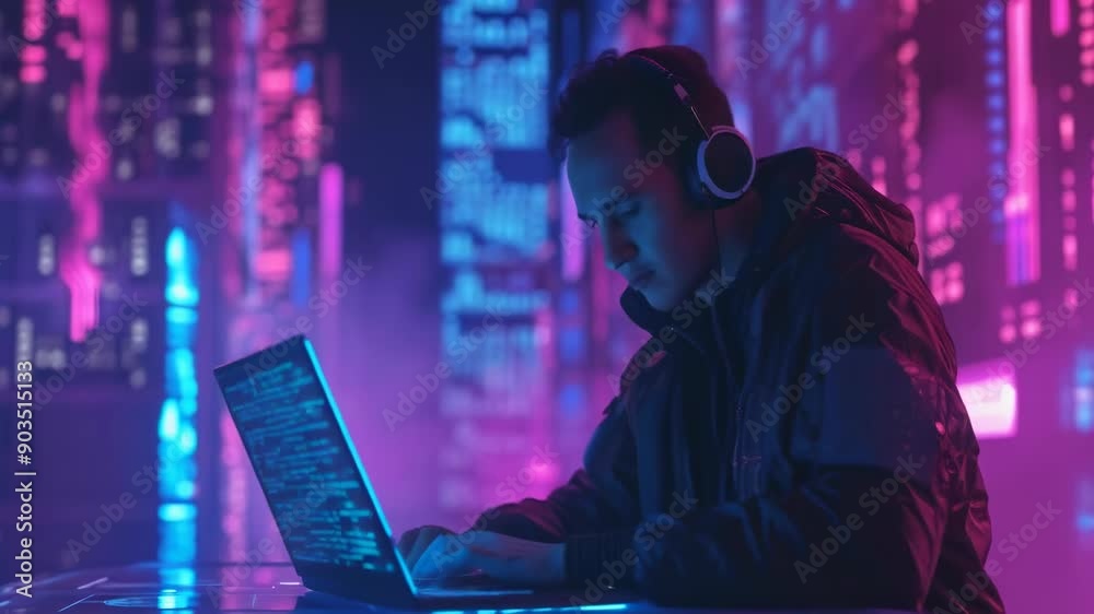 A young Caucasian man wearing headphones and a jacket is focused on coding on his laptop in a neon-lit cyberpunk city at night. The vibrant lights and futuristic setting add an enigmatic mood to the A young Caucasian man wearing headphones and a jacket is focused on coding on his laptop in a neon-lit cyberpunk city at night. The vibrant lights and futuristic setting add an enigmatic mood to the