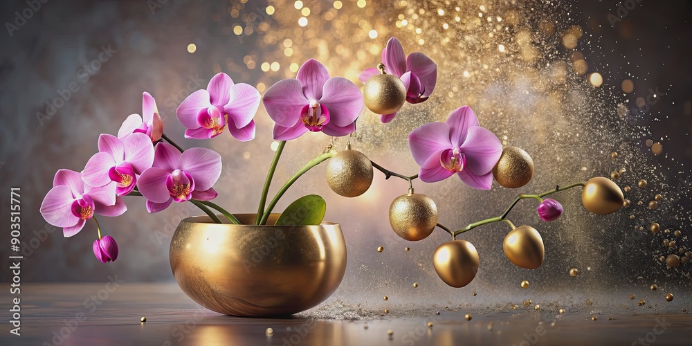 Fototapeta premium Pot of pink orchids with splashes of molten gold turning into spheres, pink, orchids, pot, molten gold, spheres, floral