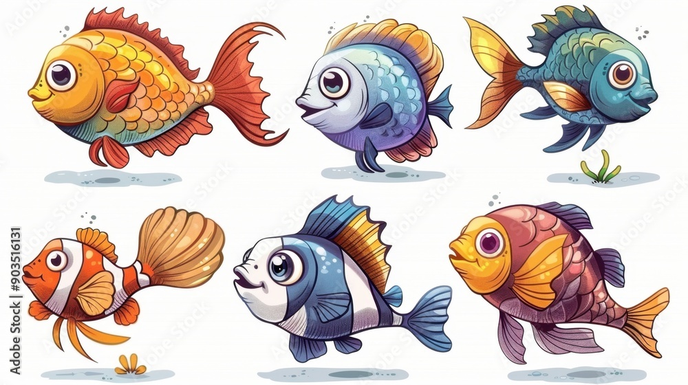 Funny cartoon fish characters, illustrated for a kids' coloring book, featuring playful and whimsical designs. Funny cartoon fish characters, illustrated for a kids' coloring book, featuring playful and whimsical designs.