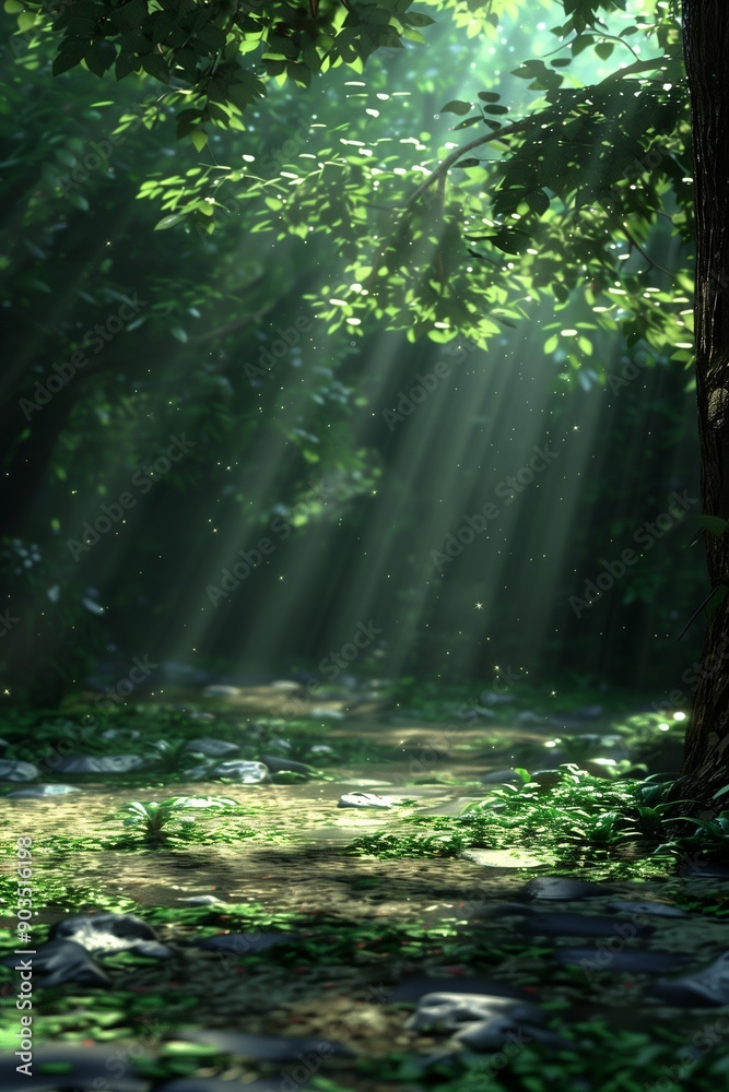 Obraz premium Serene Forest with Sunlight Beams: Nature Pathway Illustration for Relaxation and Tranquility