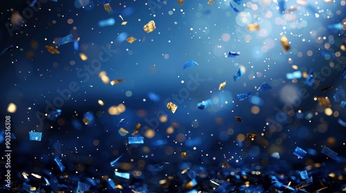 Falling confetti on a blue background, with dark blue and gold particles, creating a festive and celebratory atmosphere.