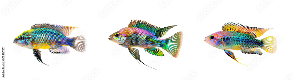 Three colorful fish with iridescent scales and fins perfect for aquatic themed designs, posters, websites, and educational material. Three colorful fish with iridescent scales and fins perfect for aquatic themed designs, posters, websites, and educational material.