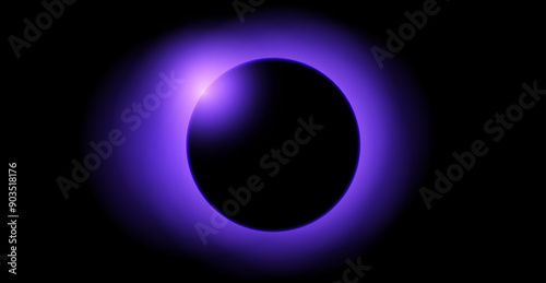 Purple planet eclipse concept. Solar light glare effect. Glowing sun crown in dark space. Earth halo with shining edge. Vector illustration design for poster, banner, cover, brochure, booklet