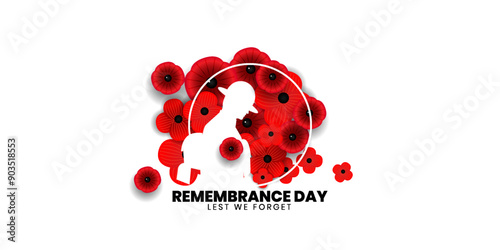 Remembrance day poster, Lest We forget 11 November greeting banner or card of poppy flowers, Vector illustration.	