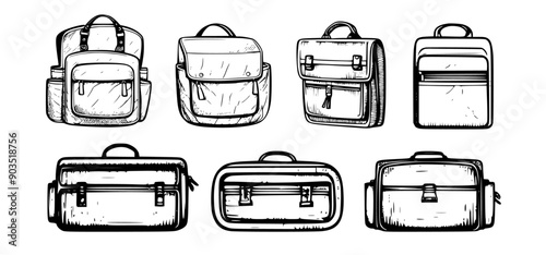 Set of 7 hand drawn sketch illustrations of different bags and backpacks for school, work or travel.  Isolated vector illustration. 