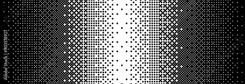 Fading bitmap gradient texture. Black and white dither pattern background. Abstract pixelated glitchy pattern. 8 bit video game screen wallpaper. Vanishing halftone backdrop. Vector retro pixel art