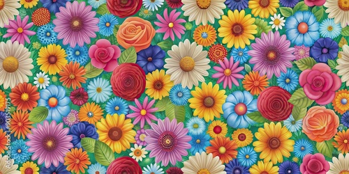 Seamless pattern background of colorful flowers, floral, spring, garden, repetitive, botanical, wallpaper, vibrant, blossom
