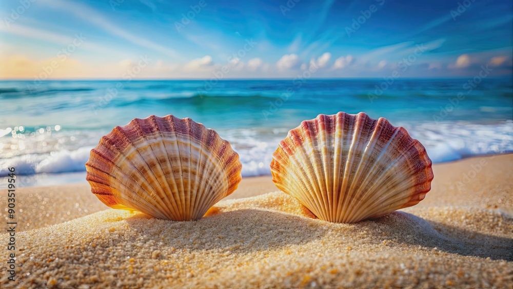 Elegant dual-tone scallop shells on a sandy beach , marine, chic, shells, scallop, dual-tone, elegant, beach, sand, ocean