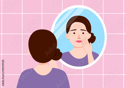 Woman worrying looking her wrinkle face in a bathroom mirror. Problem face aging skin.